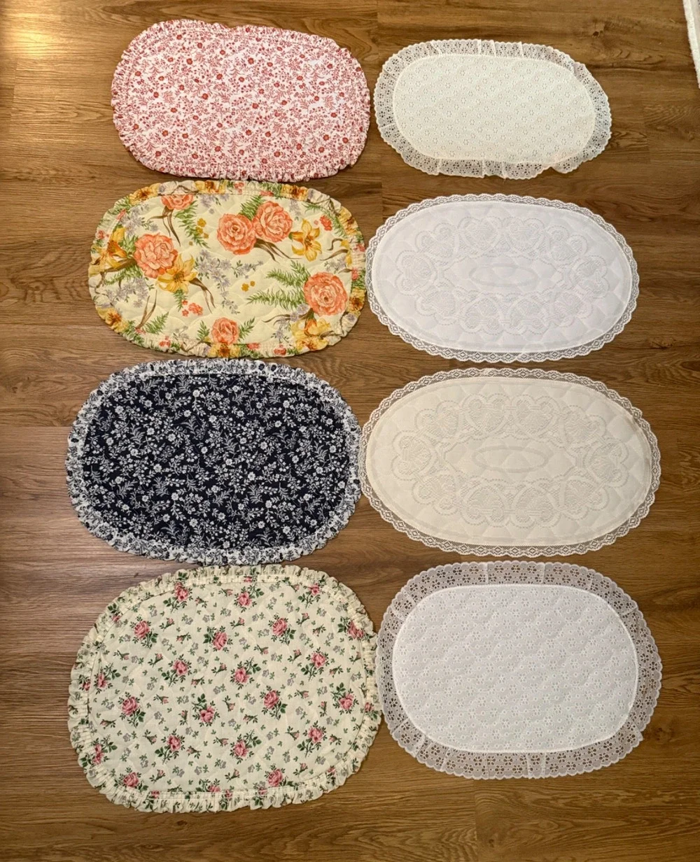 Lot of 8 Vintage Quilted Oval Table Placemats Doilies Lace Floral Cottage